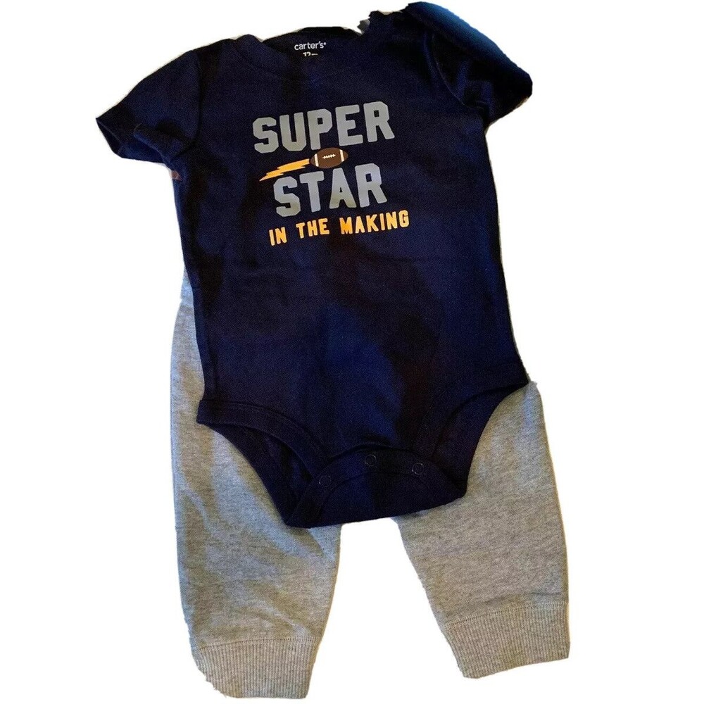 Carter's Boys 12 Months 3Pc Set Bodysuit and Joggers “Future MVP” New Gray Blue